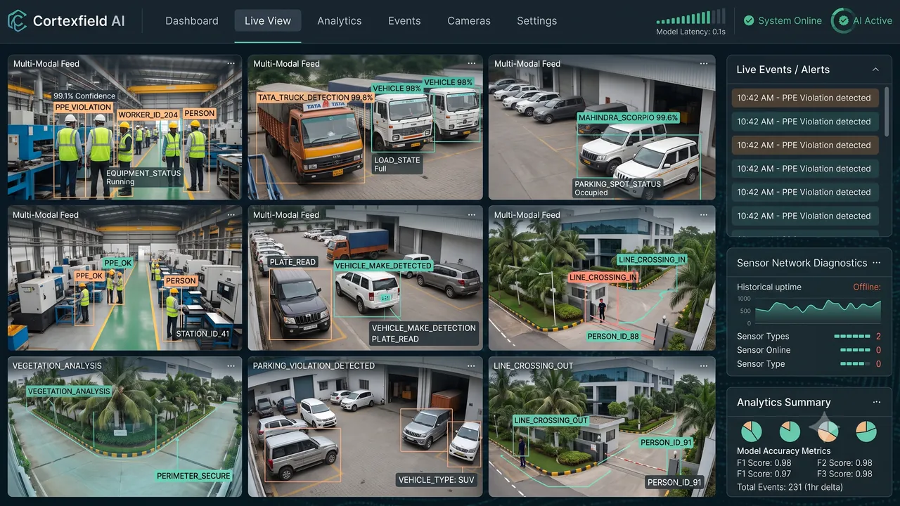 CortexField AI video analytics dashboard showing live camera feeds, AI detections, alerts and analytics