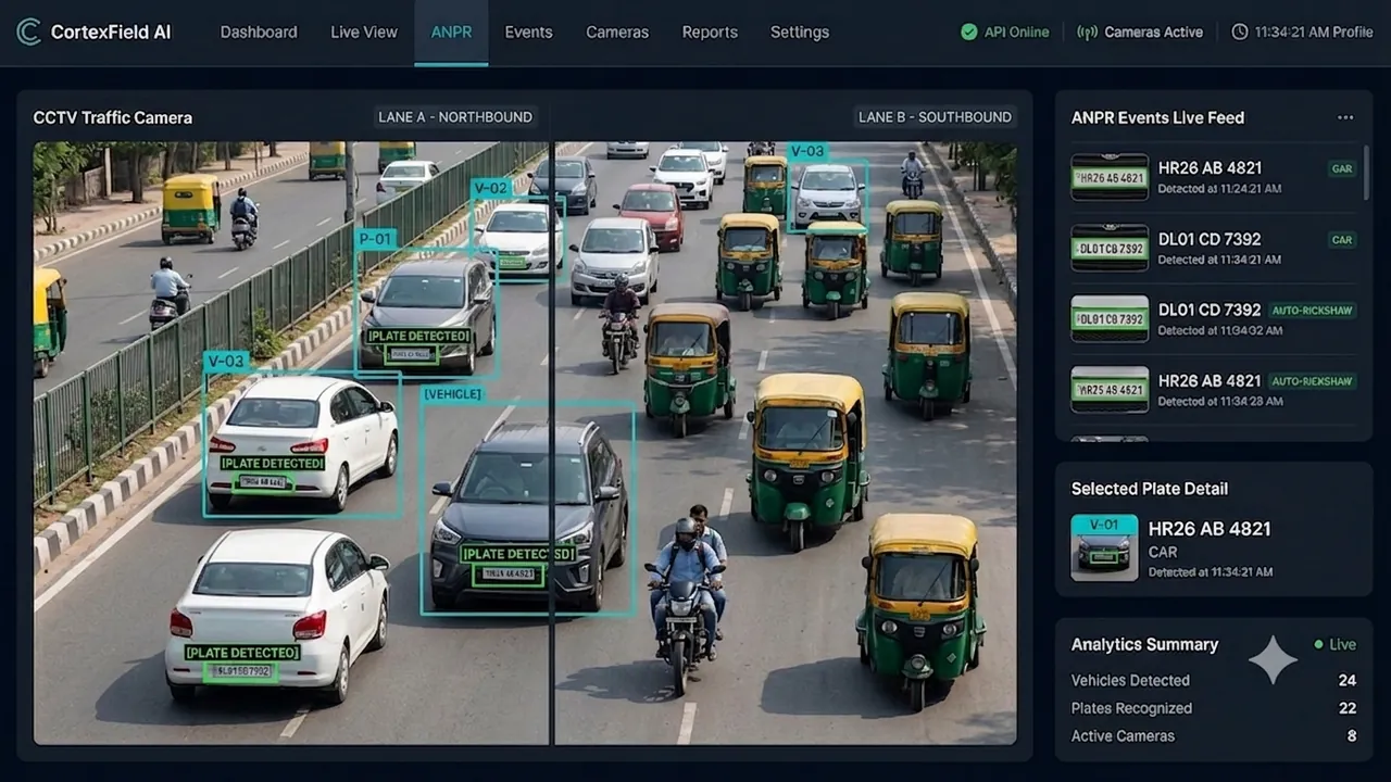 CortexField AI ANPR dashboard showing vehicle and number plate detection on an Indian road