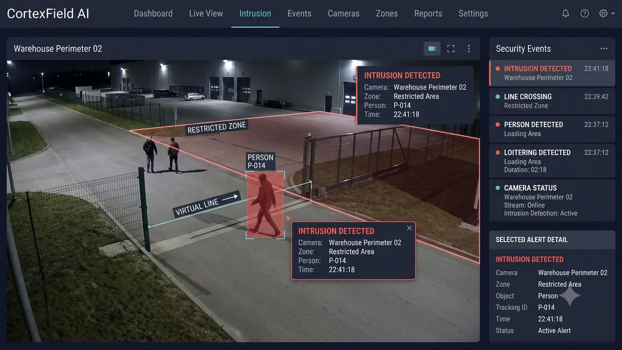 CortexField AI intrusion detection dashboard showing a person entering a restricted zone and triggering an alert
